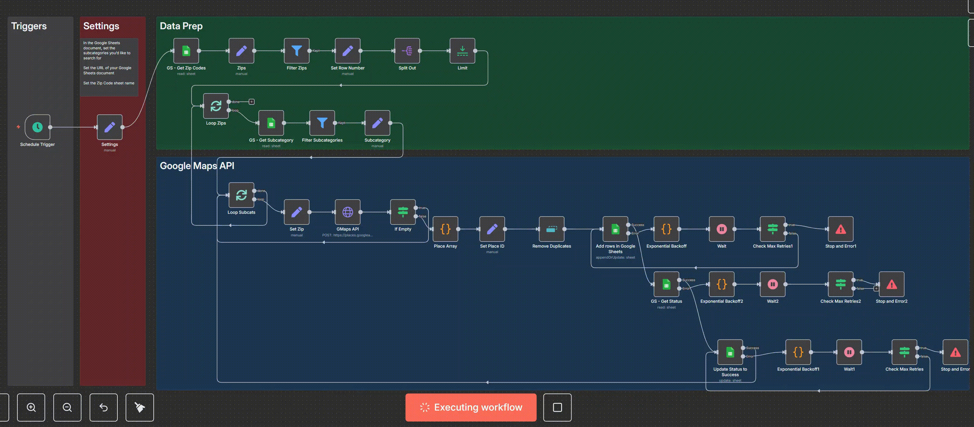 Automated lead generation workflow pulling businesses and Google Business data into a sheet